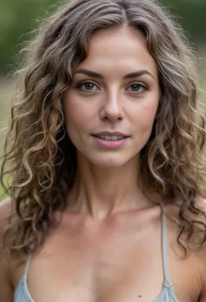 48yo cute hippie skinny milf with very long curly brown hair with grey streaks big mouth thin lips, (((no make-up, realistic Skin))), (((looking to the Viewer, close up of face)))