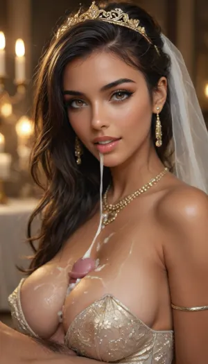neonpunk style, Indian bride seductress, side view, (close up), (((sexy, sensual, elegant gold head dress and jewellery))), seductress, (30 yo cum covered beautiful dark haired indian woman), (wearing black and gold traditional wedding satin dress), (She is giving a titjob), slim body, dark eyes, very long hair, looking at the viewer, dark lighting, candle light, eye contact, she is going to fuck you next, 34c breasts, (covered natural breasts), cum on tits and face, lots of cum, (horny look, excited, orgasm, moaning:1.2), (ejaculation:1.3), titjob, blowjobtitjob, <lora:attractive_notrigger:1.9>, <lora:BUT_SDXL_SHS:.9>, <lora:Vivid Midjourney mimic - XL SDXL v2.0:2>, <lora:add-detail-xl:1>, <lora:sunnyrayyxo_v1_SDXLBase:.5>