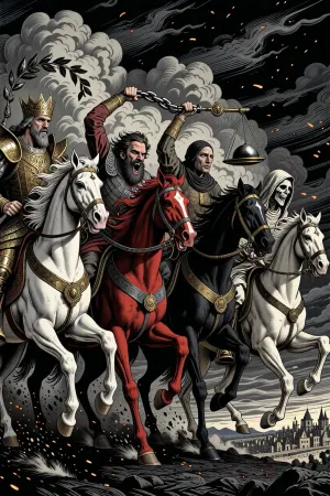 An epic dark fantasy cinematic animation video in the style of a high-contrast medieval woodcut engraving, heavily inspired by Albrecht Dürer. The style features dense, intricate black ink cross-hatching and sharp lines that dynamically vibrate with motion. In the dark, stormy sky, the Four Horsemen of the Apocalypse ride fiercely forward in a tight, unstoppable galloping formation across turbulent rolling clouds. The camera tracks sideways, panning alongside the charging riders. First, Conquest on a white horse, his regal and intense face determined under his golden crown, holding a raised laurel wreath aloft. Second, War on a red horse, his furious bearded face yelling as he raises a heavy, heavy iron chain that violently rattles in the wind. Third, Famine on a black horse, his gaunt, somber face with sunken eyes looking ahead while holding a pair of empty weighing scales aloft. Fourth, Death on a pale, emaciated horse, his harrowing skeletal face staring forward from beneath a tattered cowl, holding an hourglass with falling black sand. Below them, a tiny medieval village on the distant horizon is visible under the chaotic sky. Continuous fast physical motion of galloping horses, flying dust and dark ink embers, dramatic dark medieval atmosphere, 8K resolution.