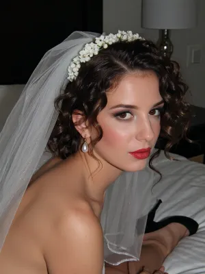 21-year-old short bride, curly hair brunette, narrow face, red lip stick, flushed cheeks, veil at the back of her head with a row of many extremely small white flowers around the top edge of the veil, bride wearing a tear drop pearl ear-rings, black high heel shoes, . on a bed in a hotel bridal suite. room is dimly lit