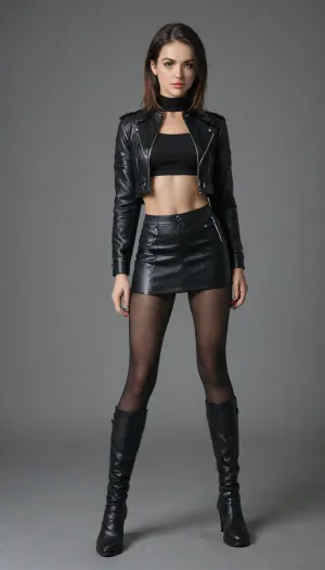 The image shows a stylish female image based on the contrast of textures and monochrome colors.
Image Details, A leather jacket. Black cropped model with distinctive white decorative stitching along the zipper and sleeves. This cut is often associated with the biker style or aesthetics of the 2000s, (Y2K), .
Mini skirt. A short black skirt, probably made of leather or thick matte material. It fits snugly on the figure, emphasizing the silhouette. Tights. Black semi-transparent tights that harmoniously connect the skirt and shoes, creating a solid vertical. Boots. High black boots above the knee, (boots), with stable heels or flat soles. They visually lengthen the legs and complete the daring mood of the bow