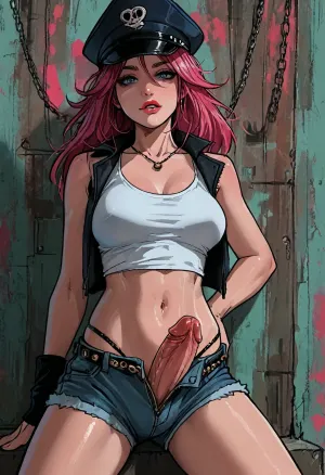 ((Melkor mancin meet markgavatino style)), (background psychedelic abstract), (reiq style), ratatatat74, (poison, futanari, pink hair, Jean shorts, unzipped shorts, white top, blue hat, chain belt, long legs, cock bulge), solo, <lora:LCMTurboMix_Euler_A_fix:1.1>, <lora:ratatatat74-000050:1.1>, <lora:EnvyAnimeDigitalPaintingXL01:1.1>, <lora:SDXLSamDoesArts:1.1>, <lora:add-detail-xl:2>