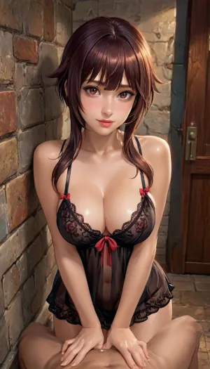 megumin from konosuba, pale skin, large breasts, reiq style, high details, big ass, (view from front and a little to the side:2), smirk, transparent black lace babydoll, fucked from behind by a black man, standing sex, bent forward, doggy style, (focus on breasts:1.2), <lora:LCMTurboMix_Euler_A_fix:.5>
