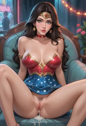 Score_9, score_8_up, score_7_up, reiq meets aroma sensei artstyle, Wonder Woman, excessive cum on face, slender girl with a huge perfect breasts, luxurious tight micro dress, no panties, long hair, lewd girl, hairy pussy, reclining, strip club, neon lights, ratatatat74, high contrast, (thick outline), <lora:ratatatat74-000050:.8>, <lora:cartoon_stickers_xl_v1:.8>