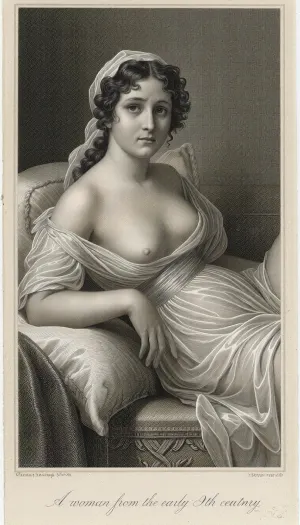 An early 19th-century strict black and white ink line engraving, pure grayscale print with no color hints. A portrait from the waist up of a beautiful French woman from the First Empire era, lounging in a relaxed, reclined pose on a classic Roman-style daybed, inspired by Madame Récamier. She possesses an exquisitely beautiful face, soft refined features, and large, sorrowful eyes. Her thick dark hair cascades in elegant classical curls from beneath her bonnet. She wears a lightweight, translucent early 19th-century French tunic dress, with a very high waistline stitched directly under the bust according to Empire fashion, the soft fabric has gently slipped, leaving one breast naturally exposed in a classic artistic manner. Her posture is soft and slouched. At the bottom center, the title "A woman from the early 19th century." is elegantly engraved in cursive script. Antique copperplate print with fine cross-hatching on a single piece of aged, off-white paper. Single unified image frame, no duplication, 4k.