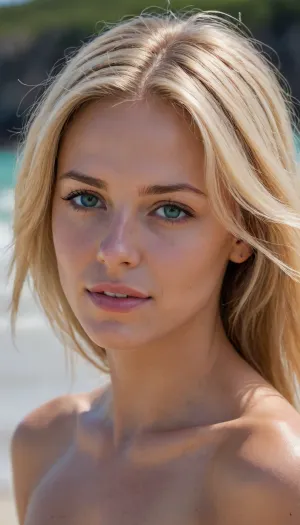 Woman, One, Wide jaw, Sharp nose, 2D, John Berkey, Model pose, Blonde hair, Beach, Naked, Tunic, 30 Years old, Mechanical, Tanned skin, Oiled skin, White, European, German, Laurie Greasley, Cute face, Piercing, Fit, Medium hair, Kinky hair, Messy hair, Straight hair, Posuka Demizu, Seductive smirk, Green eye color, Closeup Portrait, Skinny, Marvel style, Sketch lines, Realism, Fairy