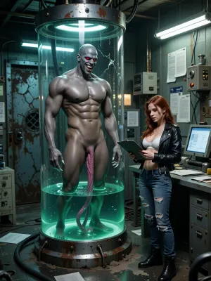 A towering humanoid male from Picture 1 with smooth grey skin, a large mouth in a perpetual wide grin, razor-sharp teeth, red pupiless eyes, a muscular 8-pack build, and broad shoulders, floats silently inside a glass containment tube filled with luminous green fluid. His body is entirely hairless with a thick, prehensile pink tongue drifting in the water, his arms resting at his sides, showcasing massive chest muscles and sharp white claws on his hands. Outside the tube, a 28-year-old woman from Picture 2 with long crimson hair, a slim athletic build, and massive breasts, stands before the console wearing a black leather biker jacket over a white top and distressed jeans. She is illuminated by the harsh, flickering fluorescent light of the abandoned research facility, her intense gaze focused on the clipboard in her hands as she stares at the bio-engineered creature.

The research room is filled with scattered documents, rusted metallic equipment, and dust-covered machinery, with the cracked reinforced iron door visible in the background. The scene is captured in a cinematic medium shot from Fiora's perspective, emphasizing the contrast between her tactical, confident presence and the unsettling, otherworldly nature of the Regenerator suspended in the tank. The lighting is cool, clinical, and moody, with the green glow of the tank casting eerie highlights on the metal surfaces and the floor. Photorealistic drawing, 32K, supreme render, octane-engine, ambient occlusion, complex render, perfect contrast.