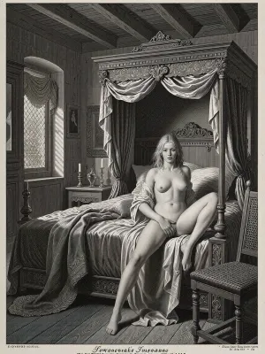 A young, pale-skinned woman, likely a servant, in a state of undress, with long blonde hair and a slightly disheveled appearance. She is reclining on a large, ornate bed with draped curtains. Her dress is partially removed, revealing her ample breasts, legs, and torso. Her left hand is between her legs, spreading the folds of her labia.

An opulent bedroom interior, characteristic of 18th or 19th-century European design. Features include a grand four-poster bed with heavy drapes, a small bedside table with a candlestick and what appears to be a carafe, a window with a textured curtain, wooden plank flooring, and a wooden chair with a woven seat. The ceiling shows exposed wooden beams.

An antique black and white etching or engraving. The style is highly detailed with fine cross-hatching for shading and texture, giving it a classic, historical artistic quality. The aesthetic evokes rococo or baroque illustration.

The scene is lit from a single source, presumably a window off-frame to the left, creating directional light that highlights the subject and objects. Shadows are deep and contribute to the dimensionality and dramatic effect of the etching.

A vertical, eye-level shot that focuses on the central figure within the bedroom setting. The bed dominates the middle ground, with the subject positioned prominently on it. The composition is balanced, with elements like the bedside table and chair framing the central action. The text at the bottom suggests it's part of a larger illustration or book.