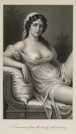 An early 19th-century strict black and white ink line engraving, pure grayscale print with no color hints. A portrait from the waist up of a beautiful French woman from the First Empire era, lounging in a relaxed, reclined pose on a classic Roman-style daybed, inspired by Madame Récamier. She possesses an exquisitely beautiful face, soft refined features, and large, sorrowful eyes. Her thick dark hair cascades in elegant classical curls from beneath her bonnet. She wears a lightweight, translucent early 19th-century French tunic dress, with a very high waistline stitched directly under the bust according to Empire fashion, the soft fabric has gently slipped, leaving one breast naturally exposed in a classic artistic manner. Her posture is soft and slouched. At the bottom center, the title "A woman from the early 19th century." is elegantly engraved in cursive script. Antique copperplate print with fine cross-hatching on a single piece of aged, off-white paper. Single unified image frame, no duplication, 4k.