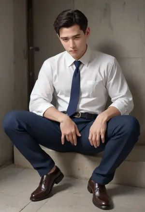 2 Chinese handsome 25 year old men in navy pleated formal police uniform pants, white shirt, bulge, stab to the dick, fingering, jerk of, masturbate, milk splash, High detail, correct anatomy, perfect facial features, perfect hands, perfect fingers, 5 fingers, caresses, full body