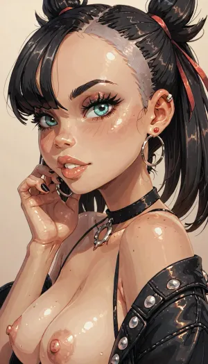 Marnie from Pokémon, 1girl, upper body, hand on own shoulder, hoop earrings, from half-side, jewelry, looking at the viewer, makeup, plumb lips, parted lips, teeth visible, perfect natural breasts, seductive pose, futuristic-fantasy-anime, jack cayless, <lora:sd_xl_turbo_lora_v1-64dim:.8>, <lora:futureistic_fantasy_anime_sdxl_v1:.8>