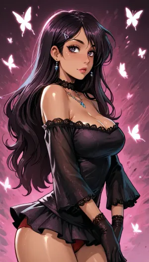 Melkor mancin meet markgavatino style, ((symmetric eyes)), (purple background psychedelic abstract), (dark skin:1.5), muscular, (goth:.1), ((short Chinese princess in an off‑the‑shoulder top dress with microskirt short hem, with patterning embroidery)), (portrait pose arched back exaggerated ass and tits curves, slightly reveal hint of sheer wet lace red panties), ((large plump cleavage breasts)), glowing purple flowers butterflies, (reiq style), Score_9, score_8_up, score_7_up, masterpiece, neon lipstick, blush, purple glitter, (1woman, 8k resolution, ultra-detailed), solo, ratatatat74, super thick long hair blowing in the wind, hair clips bangles, wet thighs dripping, rose, butterflies, necklace choker, <lora:LCMTurboMix_Euler_A_fix:1.1>, <lora:ratatatat74-000050:1.1>, <lora:SDXLSamDoesArts:1.1>, NEGATIVE_HANDS, hands covered gloves