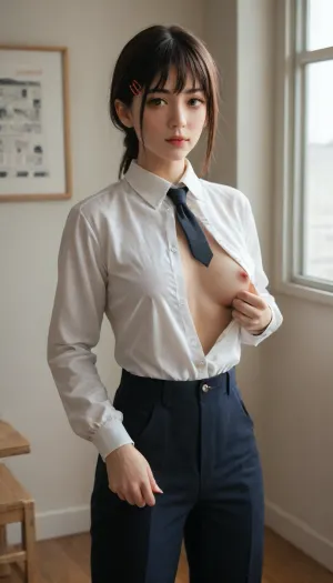 1 Young adult asian Girl. Short stright dark black hair with hairpins. Looks like Kobeni from anime Chainsaw man. Kobeni from anime Chainsaw man outfit. sun lit room detailed. Small areolas., <lora:HandFineTuning_XL:.3>, (Eyes like Kobeni from anime Chainsaw man), (always in focus), (overall details SDXL), (she weared office suite with necktie), short girl, pretty face, perfect eyes, (shirt with undone button:1.5), full body view, one breast popped up, (one shot per frame), (her back arched:1.6), (she fixing her clothes:1.5)