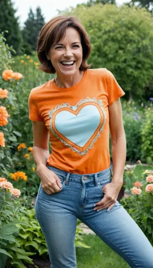 n 48-year-old girl, short brown hair, orange t-shirt, light blue jeans, poses in the garden, laughing, provocative, horny, flat chest.