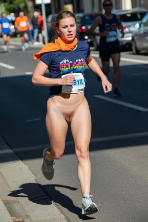 A dynamic, eye-level shot captures a female runner mid-stride during a sunny outdoor marathon. The subject is a young woman with fair skin and light brown hair tied back, her face showing intense focus and exertion as she looks slightly off-camera. She wears a navy blue t-shirt with a colorful race logo, no short, presenting her hairy pussy, and light-colored running shoes. An orange scarf is draped over her shoulders, and a white race bib is pinned to her front. Her pose is energetic, with one leg forward and arms bent in a running motion, conveying motion and effort. The scene is set on a paved road under bright, direct sunlight, casting sharp shadows. The background shows other runners, spectators, and parked cars, slightly blurred to emphasize the main subject. The lighting is natural and harsh, creating strong highlights and deep shadows. The overall style is a realistic, candid action photograph with a shallow depth of field, capturing the intensity and atmosphere of a live race event.