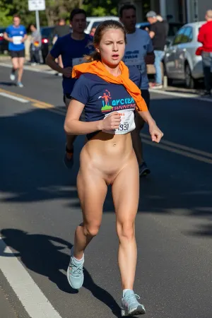 A dynamic, eye-level shot captures a female runner mid-stride during a sunny outdoor marathon. The subject is a young woman with fair skin and light brown hair tied back, her face showing intense focus and exertion as she looks slightly off-camera. She wears a navy blue t-shirt with a colorful race logo, no short, presenting her pussy, and light-colored running shoes. An orange scarf is draped over her shoulders, and a white race bib is pinned to her front. Her pose is energetic, with one leg forward and arms bent in a running motion, conveying motion and effort. The scene is set on a paved road under bright, direct sunlight, casting sharp shadows. The background shows other runners, spectators, and parked cars, slightly blurred to emphasize the main subject. The lighting is natural and harsh, creating strong highlights and deep shadows. The overall style is a realistic, candid action photograph with a shallow depth of field, capturing the intensity and atmosphere of a live race event.