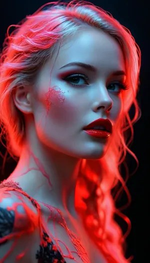 semi-realistic, fairytale-art, hightech-diva, drawing with red shaving foam on a blacklight glass plate, black paper background. /KlTTYART/, <lora:attractive_notrigger:.5>, <lora:PerfectEyesXL:.1>, <lora:MJ52:1>