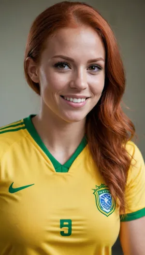 Female Brazilian soccer player, She's wearing the Brazilian national team uniform. redhead, Straight hair, ginger, muscular body, big butt, big breasts, hairy pussy, smiling. Having sex with a guy with a big, thick penis.