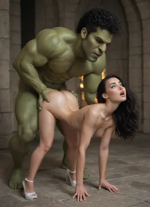 in the castle, fuck from behind, extreme anal, (suspended doggystyle sex:1.2), Gwen, Spiderwoman, legs dangling in the air, lean body, (miicrobody:1.3), cutie, (ultrashort chested:1.2), impossible fit, erect nipples, white platform heels, collarbone visible, (waspwaist:1.3), black hair, arched back, bending over, ass up, gigantic red skin monster man, mans head out of frame, man extremely taller, (man much taller:1.3), carrier suspended doggystyle sex, (legs dangling in the air:1.1), legs bent in the air, arms in the air, gigantic red hulk with monster cock next to her, massive monster cock, moans, open eyes, wide eyes, shiny skin, glowing skin, side view, full body view