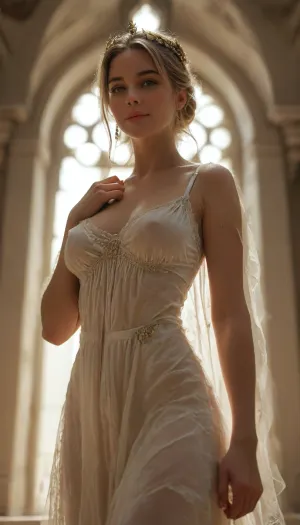 score_9, score_8_up, score_7_up, 8k uhd, hyper realistic, (Greek goddess), princess, 27 years old, (perfect body), long blonde hair, slim figure, perky round breasts, ((random pose)), hard nipples, flowing clothes, fully dressed, fancy hairstyle, (laurel crown), (perfect beautiful face), slight smile, view from below, view from front, sunlight coming from behind, oculus, (skylight), backlit, high contrast, (dramatic lighting), facing you, <lora:Midjourney Image Enhancer XL v1:.5>, <lora:MJ52:.1>, <lora:sunnyrayyxo_v1_SDXLBase:.8>