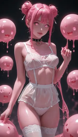Dark black background, (charming eyes, big bright pink glowing pupils:1.5), surrounded by pink slime, and a sexy smile, Charming petite girl, Multicolour bright pink Hairstyle, two bun of hair in the shape of round ears, Short square hairstyle, voluminous hairstyle, glowing pink iridescent hair, medium elastic breast, (slime girl:1.5), sexy, dynamic pose, a girl with an alluring, sexy gaze, biting her lip, erect nipples, White Short top, no bra under top, wet transparent top, cameltoe, Sexy lingerie made of transparent fabric, the naked body can be seen through the fabric, sexy suspenders for stockings, and a spiked black collar around the neck, Pink tentacles wrap around feminine legs, White stockings, showing realistic naked pussy ynder transparent panties, body cover slime, very wet horts in pink slime, pink hair, (glossy pink skin:1.5), slime, sex, <lora:light_contour_sdxl:2>, <lora:Glowing_beach:2>, <lora:glowneon_xl_v1:2>, <lora:White_Pink_Tentacle_Slime-000007:2>, <lora:slime sex_XL_V1.0:2>