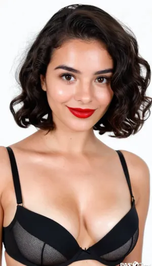 Passport photo, A 22 years old mexican woman, small sagging breasts, brunette, wearing big black bra, smiling, short wavy hair, Black color hair, red lips, hyperrealistic photo, white background, Full HD, 8K