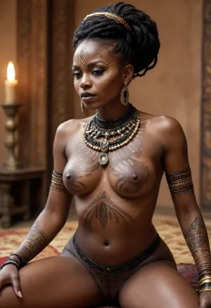 African sex goddess descending on her prey. Tribal jewelry. Henna body paint. Melatonin. Hyper-feminine. Aroused. Lustful. Dark Black-skinned. Hypersexual. Obsidian. Ink black. Ebony. Hapless victim. Consuming. Divine. Voodoo. Oiled up. Enchanting. Radiant.