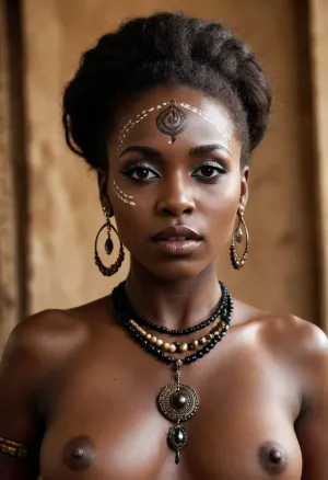 African sex goddess descending on her prey. Tribal jewelry. Henna body paint. Melatonin. Hyper-feminine. Aroused. Lustful. Dark Black-skinned. Hypersexual. Obsidian. Ink black. Ebony. Hapless victim. Consuming. Divine. Voodoo. Oiled up. Enchanting. Radiant.
