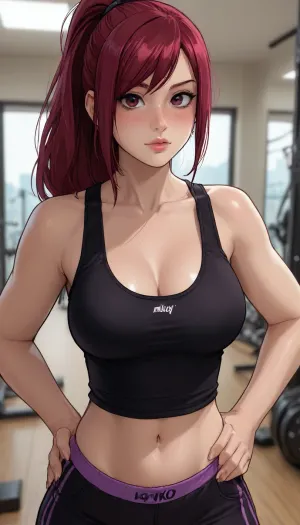 ((Melkor mancin meet gavatino style)), reiq style, Solo, Milf, Erza Scarlet from Fairy Tail, (at gym), bimbo body, wearing black tank top, and purple hipster panties, very large perky breasts, hands on hips, flirty, (intense blushing)
