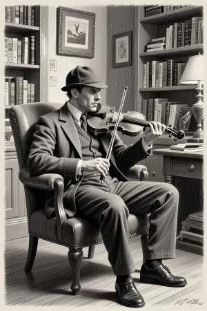 black and white pencil drawing, draw Sherlock Holmes's study. Sherlock Holmes, in classic deerstalker hat, is sitting in an armchair playing the violin., black and white, breathtaking pencil illustration, highly detailed, 4k, textured paper, pencil texture, sketch
