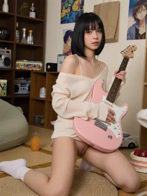 Horizontal healing Japanese indoor portrait, soft warm natural light, cozy log cabin, anime posters & kraft bags on wall, dark brown grid wood shelf with glass bottles, vintage radio, comics, ceramic jars, olive green lazy sofa left, warm yellow linen tatami, orange soda, white toy car, strawberry cake beside girl, Fresh East Asian girl, short black bob with neat bangs, light pink makeup, translucent fair skin, loose off-shoulder beige thin knit top, thin white camisole inside, light ultra-short home shorts, Leg details, single-knee kneel, right leg bent flat on mat, round knee, left leg stretch forward upward, full slim leg exposed, no M-shaped or splayed legs, plump even thighs, straight slim calves, tiny natural gap between legs, smooth glowing skin, left foot plain white thin mid-calf socks, wrinkle-free cuffs, Pose, kneel round straw mat, hold pink electric guitar crosswise, right hand on guitar body, left hand grip head strings, head turn slightly right, lazy relaxed posture, Texture, 8K film photo, warm soft light, shallow depth of field blur clutter, clear hair strands, natural skin texture, low saturation cream tone, clean healing vibe.

The labia of Asians. The clitoris structure is intact, and the clitoris structure is standard. The structure of the genitals is standardised. The colour of the genitals is pink and tender, not black. The vaginal opening is open. high detail shaved pussy clearly visible, show the physiological structure of the vagina, a fully open vaginal opening, bare genitals, the buttocks and anus can be seen, revealing the complete breast structure, Super big breasts, super big breasts, huge breasts. large breasts, small areolas, and small nipples, the shirt is above the nipples and does not cover them, the skin should be fair, and the area around the genitals should also be pinkish white, without any red or black, the skin does not reflect light and is as fair and tender as a young girl's, the two labia are small and short, The genitals are relatively large, with longer lengths on both sides and thin labia skin, The shape of the two external labia joined together is close to a circle, A larger part of the pink vagina is exposed, and the labia do not fully cover the vagina. the vagina is swollen, The labia is thin, short and small, The vaginal opening, perineum and vestibule can be seen, and the deep uterus can be faintly seen. The deep part of the vagina can be seen, The bottom of the vagina is not a pointed end but an arc, and the arc is larger, The urethral opening can be seen. The structure inside the vagina can be clearly seen