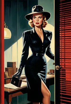 Vintage 1950s movie poster, hand-painted illustration style. A dramatic scene of a femme fatale standing in a detective's office, fitted black dress, wide brim hat, long gloves, sultry mysterious expression. Venetian blind shadows across the wall, (silhouettes:.8), office desk with lamp casting a single dramatic pool of light. High contrast black, white and red colour palette, dramatic chiaroscuro lighting, deep shadows, bold painted poster typography style, dramatic tagline banner, Alfred Hitchcock inspired suspense and tension, 1950s pulp illustration style, gouache painting texture., Movie, Poster, page, text, as, "the Detective's Office", style_brush, style_bebas, <lora:Movie Poster:.8>, <lora:textxl:1.6>