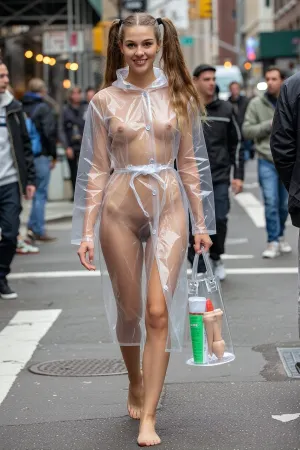 In New York, on a crowded street, a tall young woman is walking, naked. She is barefoot, high pigtails hair with braids, with very small breasts and a perfectly shaved pussy. She is smiling. She is just wearing a long, fully buttoned raincoat made of clear plastic. The raincoat is buttoned all the way down. She's holding a handbag—also made of clear plastic—in which there are two dildos and a tube of lube.