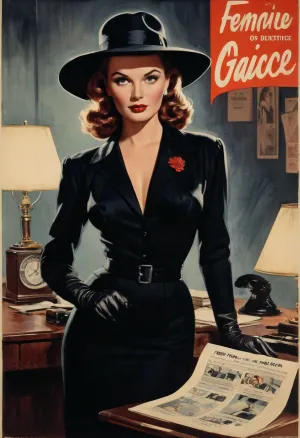 (Vintage 1950s movie poster with the title "FEMME":1.2), a femme fatale standing, (a detective's office at night), fitted black dress, wide brim hat, long gloves, sultry mysterious expression, lite by a single office lamp, office desk, high contrast black, white and red colour palette, (silhouettes:.8), gouache painting texture, Movie, Poster, page, <lora:Movie Poster:.6>