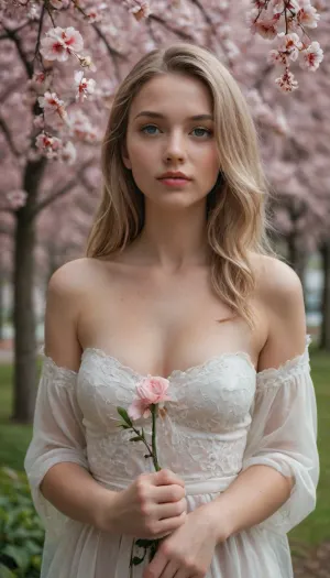 A young Caucasian woman with long, blonde hair, fair skin, and blue eyes. She is naked, big naturall boobs, skinny. 18 years old. Her expression is serene, and she is holding a delicate white flower near her face, bringing it closer to her lips. Her pose is slightly tilted, with one arm extended.

An outdoor setting during springtime, with a backdrop of abundant blooming cherry blossom trees. The blossoms are a soft pink and white, creating a lush and natural canopy. The background behind the trees shows a hint of greenery and sky.

A realistic, high-resolution photograph with a soft, natural aesthetic. The colors are bright and airy, dominated by whites, pale pinks, and the natural greens and blues of the environment. It evokes a sense of delicate beauty and springtime.

Natural, soft daylight illumination. The light appears to be coming from slightly above and in front of the subject, creating gentle highlights on her skin and dress. The lighting is diffused, avoiding harsh shadows and contributing to the overall soft and ethereal feel of the image. The blossoms are also well-lit, showcasing their intricate details.

A medium shot that focuses on the upper body and face of the woman. The composition is centered, with the subject framed by the dense cherry blossoms. The shallow depth of field blurs the background, drawing the viewer's attention directly to the woman and the flower she holds. Her gaze is directed towards the camera or slightly off to the side.