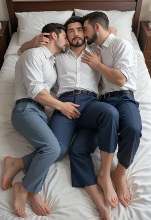 3 Chinese handsome beard men in navy blue pleated formal police uniform pants lie on bed, white shirt, bulge, stab to the dick, sucking, fingering, High detail, correct anatomy, perfect facial features, perfect hands, perfect fingers, 5 fingers, caresses, full body