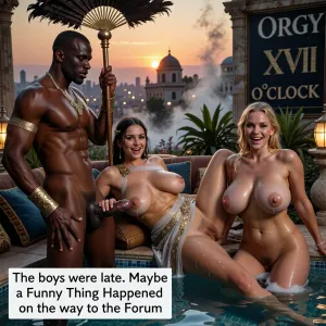Set in Ancient Rome. A highly detailed, photorealistic scene set in Roman Villa, a muscular naked male slave from Africa stands holding a large feather fans on pole over a reclining voluptuous buxom brunette woman wearing transparent toga with gold embroidery. He has a large erection and her fingers are wrapped around it. She is lying on a couch by a large shallow pool.
A second woman, a naked curvaceous blonde with huge giant saggy tits and a hairy pussy, is in the pool taking a bath. Soap suds.

They are surrounded by plants, it is evening time the sky is orange with the setting sun. The scene is rich with historical detail, showing the water droplets on the bathing woman’s skin, her giant breasts, and on her hairy pussy, and her wet golden hair. Above, light filters through the smoke and dust rising from the city outside creating a mystical and atmospheric effect. The focus is a close up view on the naked women and slave in sharp detail, while the background fades into a lively blur, capturing the vibrancy and complexity of the Roman villa. Everybody is smiling.
A large sign on a nearby pillar reads “ORGY XVII O’CLOCK”.
White text box at bottom “The boys were late. Maybe a Funny Thing Happened on the way to the Forum”