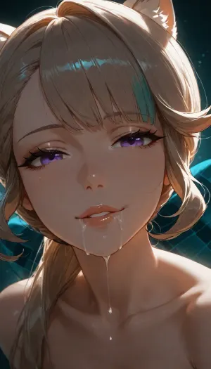1girl, Lynette from Genshin Impact, hairclip, sidelocks tied back, solo, smiling, abstract background, aqua background, lips, looking at viewer, seductive, half-closed eyes, cum dripping from side of her mouth, <lora:SDXL high detailed. LoRA_SDXL_ARW_0010:1.5>, <lora:add-detail-xl:1.9>, <lora:dark:.8>, <lora:Jeweled eyes-NAI:2>, <lora:SDXL Detail:1.3>