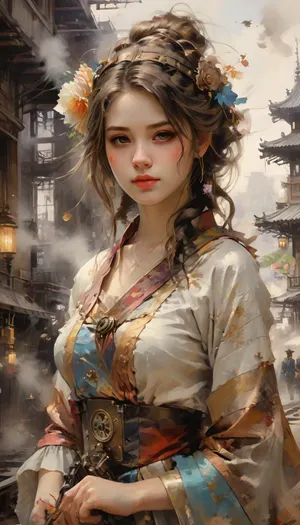 (extremely detailed CG unity 8k wallpaper), (masterpiece), (best quality), (ultra-detailed), (best illustration), (best shadow), (an extremely delicate and beautiful), dynamic angle, floating, finely detail, (bloom), (shine), glinting stars, classic, (painting), (sketch), Taisho steampunk, (steampunk:1.2), (1girl:1.7), (2020s), (cute face:1.3), anime face, ((solo)), beautiful detailed face, shiny hair, colorful clothes, (kimono), (Japanese maid), maid dress, maid headdress, hair flower, hair ornament, (Frill), Brass Pocket Watch, extremely delicate and beautiful girls, beautiful detailed eyes, cowboy shot, steam train, building architecture, (Japanese style architecture), (street:1.2), oil and watercolor painting, (ink-style, ink_wash_painting), <lora:oil_and_watercolor_painting:.8>, <lora:ink-style_A3.1_XL:1.1>