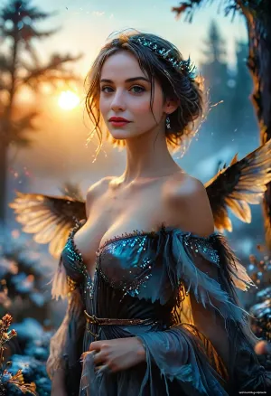 A illustration of a slender beautiful adult woman, She has a beautiful coquettish faded face, elaborate hairstyle, small breasts, highly detailed large beautiful crystal eyes, light glowing irises, heartshaped lips, lip gloss, aroused skin, iridescent perspective view. Far above the ravengate the spread wings of elder raven wait above the roaring depths sits the oath of frost on the elder raven throne older mountains sleeping in my sight by chilling woods i stand a grimly sound of naked winds is all that it shall ever be heard from here elder raven cometh the rightful kings of the highest halls cry of ravens lurk the realm eternally through the noctambulant grimness demons stride at the gate of elder raven mighty ravendark. sweeping circling composition, non-representational, colors and shapes, expression of feelings, imaginative, sunrise, long shadows, ground-fog, frost, epic mystical mood, detailed photo, photorealistic photo, realistic pretty women photo, night vision, soft fokus, parallax, overexposure, photo style, cinematic, filmic, scribbled lines, surrender, polychromatic, diffuse, #©KITTYART, /KlTTY-ART/, <lora:COMFYUI_mimic_landscape_-_XL_SDXL v2.0:.7>, <lora:attractive_notrigger:.8>, <lora:PerfectEyesXL:.6>, <lora:MJ52:.4>