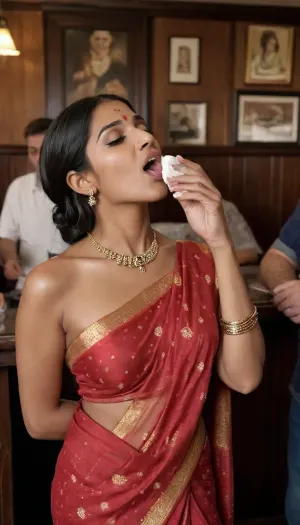 An Indian woman dressed in sari, on her knees in a pub, sucking a man’s cock, other men queuing up to have a go, Indian woman covered in cum from previous men. Side view, zoom in to her mouth whilst she sucks cock.