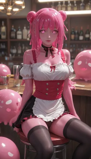 sexy milf, beautiful face, sassy bar waitress. Sitting on a bar stool, legs seductively crossed. Pink hair, braided plaits with bangs, black stockings, suspenders, micro skirt, panties visible, cameltoe, apron, (charming eyes, big bright pink glowing pupils:1.5), petite short-statured slime girl with, round cute face, big charming eyes, and anime-style eyes, surrounded by pink slime, and a sexy smile, Charming petite girl, Multicolour bright pink Hairstyle, two bun of hair in the shape of round ears, long hair, looking at viewer, bangs, hair ornament, bow, ribbon, bare shoulders, twintails, very long hair, voluminous hairstyle, glowing pink iridescent hair, medium elastic breast, (slime girl:1.9), sexy, dynamic pose, (pink skin:1.5), glossy wet body, <lora:light_contour_sdxl:1>, <lora:Glowing_beach:1>, <lora:glowneon_xl_v1:1>, <lora:White_Pink_Tentacle_Slime-000007:1>, <lora:White_Pink_Tentacle_Slime_-_Anime:1>