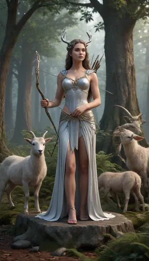 A 3D render of Artemis, goddess of the hunt, with her bow and arrows, leading a group of nymphs through an enchanted forest. The nymphs wear dresses made of leaves and euro banknotes, (20, 50), and a goat with golden horns follows them. A Celtic harp rests on a tree stump, and a Wise card is placed on a rock. The scene is bathed in silver moonlight. Ultra-realistic 3D, 8K, hyper-detailed textures, depth of field.