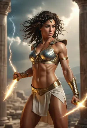 Ancient Greek warrior princess, demigod, descendant of athena, Greek armor, wielding a lightning bolt, scars, 40-years-old, tanned, black-curly-hair, MILF, mommy, toned legs, juicy booty, skinny with a big ass, bigger ass, uberfit, muscular, athletic, <lora:MJ52:.8>, <lora:uberfit_lora_sdxl:.3>