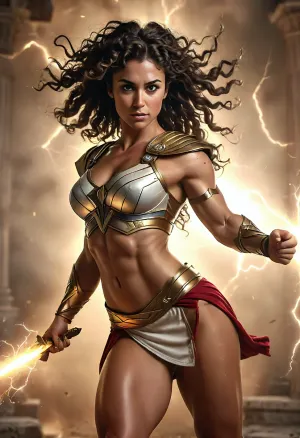 Ancient Greek warrior princess, demigod, descendant of athena, Greek armor, wielding a lightning bolt, scars, 40-years-old, tanned, black-curly-hair, MILF, mommy, toned legs, juicy booty, skinny with a big ass, bigger ass, uberfit, muscular, athletic, <lora:MJ52:.8>, <lora:uberfit_lora_sdxl:.3>
