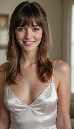 Beautiful Woman wearing a short white silk chemise, shy smiling, Long wavy hair, (bangs:1.3), slender, Living Room, (best quality, photorealistic, highly detailed)