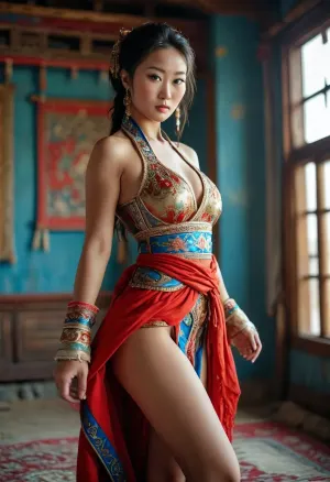 Beautiful Mongolian woman in traditional Mongolian clothing, in Mongolia, tits out, sexy legs, exposed breasts, <lora:MJ52:.8>