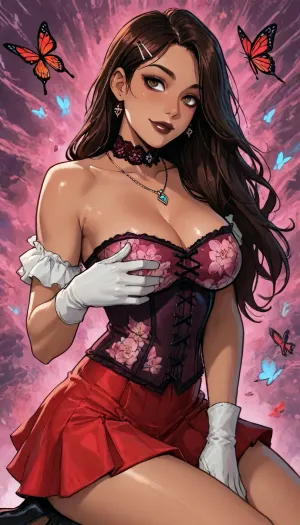Melkor mancin meet markgavatino style, ((symmetric brown eyes, heavy eye shadow)), (purple background psychedelic abstract), exotic face subtle smile, (dark skin:1.5), muscular, ((short pink Chinese floral corset princess in an red skirt short hem, with botanical floral patterning embroidery)), subtle nipples, (hands touch herself, portrait pose kneeling arched back exaggerated ass and tits curves, sucking dick), ((plump cleavage breasts and curvy body)), ((huge ass:1.2)), glowing purple flowers butterflies, (reiq style), Score_9, score_8_up, score_7_up, masterpiece, black lipstick, blush, purple glitter, (1woman, 8k resolution, ultra-detailed), solo, ratatatat74, super thick long hair blowing in the wind, hair clips bangles, (wet panties leaking fluid), butterflies, necklace choker, <lora:LCMTurboMix_Euler_A_fix:1.1>, <lora:ratatatat74-000050:1.1>, <lora:SDXLSamDoesArts:1.1>, NEGATIVE_HANDS, gloves