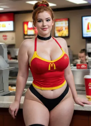 Ssbbw, short, chubby, young American pale 23 year old woman, black thin choker, McDonalds cashier, defined butt, fat, messy bun, hair up, skimpy McDonalds uniform, full body shot, redhead, messy long hair, mole, stiff pokies, dimples, hard nipples, night, freckles, good lighting, photorealistic, major cleavage, full McDonalds uniform, seductive face, McDonalds, best quality, best resolution, uhd, perfect composition of lights and shadows, dynamic, the brightest image, clear focus, depth of field, 8k, cameltoe, ((high detailed skin)), high quality, detailed skin texture, (highly detailed hair), short shorts, bubblebutt, round cheeks, braces, acne, pimples, (crotch bulge)