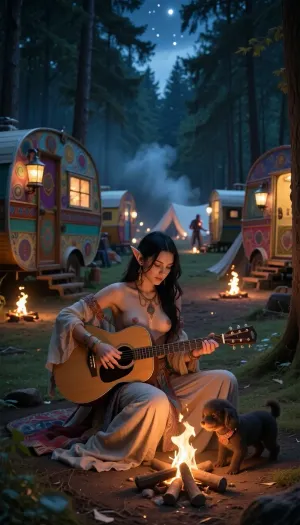 Masterpiece, best quality, highly detailed, a vast bohemian gypsy camp in a dark forest clearing at night, in the center, a black haired bohemian elvish woman, serene smile, delicate dimples, sits at the forefront, playing an acoustic guitar by a small campfire, her slender fingers pressing the strings, each fingernail finely detailed, she wears a flowing bohemian dress, and the warm glow of the fire dances on her skin, behind her, a kaleidoscope of vintage gypsy wagons, each wagon uniquely decorated with vibrant colors and lanterns, some wagons have small campfires outside, the forest thick with tall trees surrounding the scene, mist rising between them, the entire clearing filled with other smaller campfires, distant laughter and music softly blending into the night, a soft haze in the air, stars peeking through the tree canopy, the entire atmosphere relaxed, magical, and deeply atmospheric, a masterpiece capturing the spirit of a wandering nomadic life. Her small breasts peak out with stiff nipples as she bends over to pet a small yappy poodle.